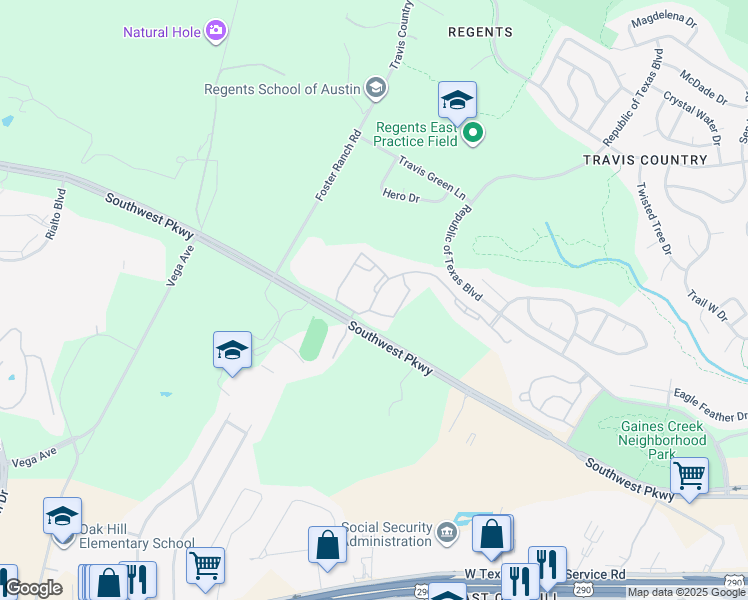 map of restaurants, bars, coffee shops, grocery stores, and more near 5604 Southwest Pkwy # 3133 in Austin