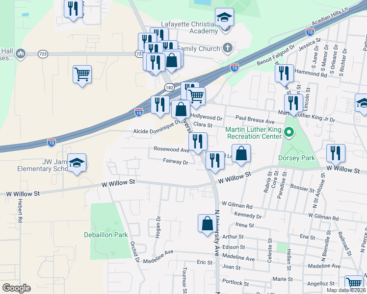 map of restaurants, bars, coffee shops, grocery stores, and more near 106 Rosewood Avenue in Lafayette