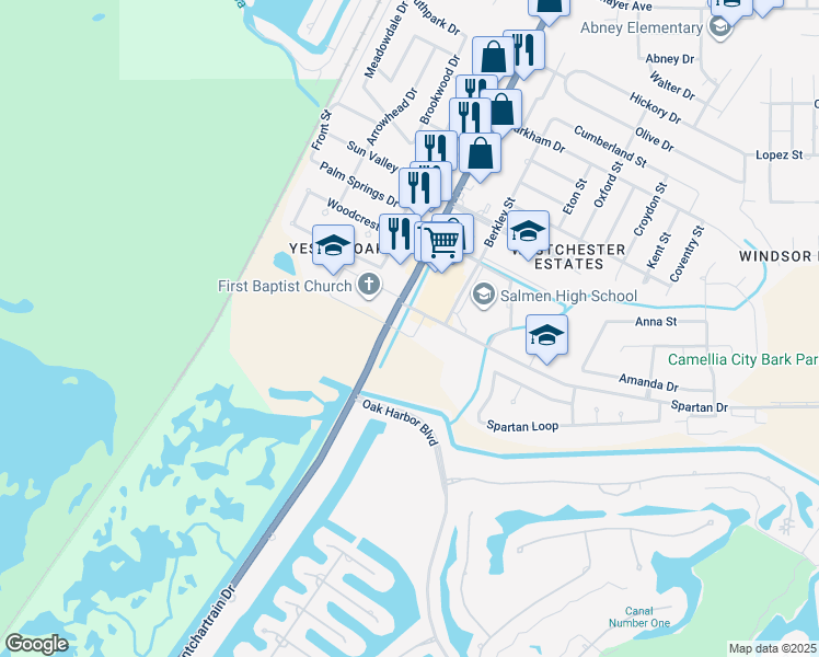 map of restaurants, bars, coffee shops, grocery stores, and more near 4142 Pontchartrain Drive in Slidell