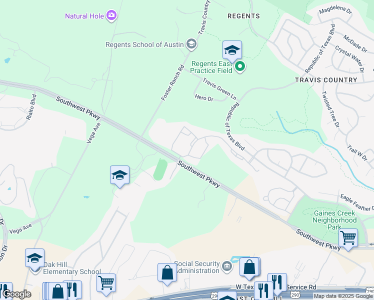 map of restaurants, bars, coffee shops, grocery stores, and more near 5604 Southwest Parkway in Austin