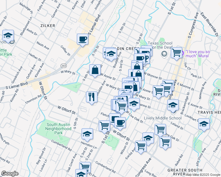 map of restaurants, bars, coffee shops, grocery stores, and more near 801 West Mary Street in Austin