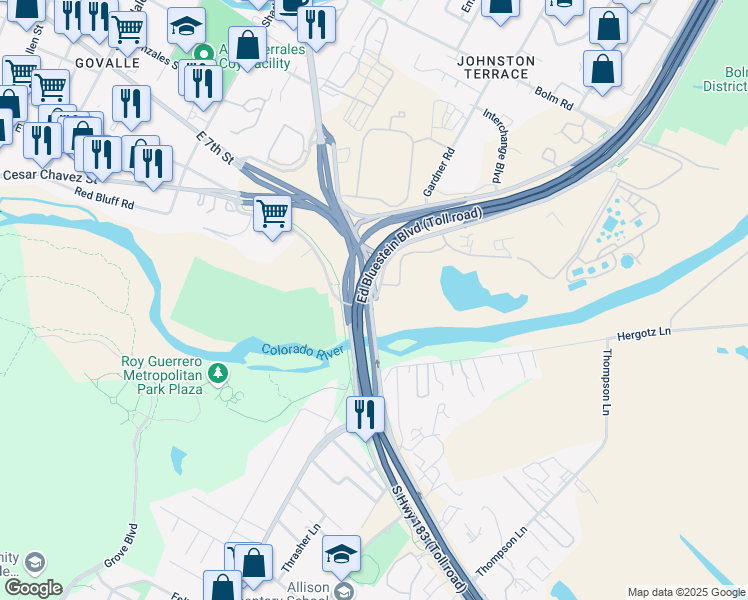 map of restaurants, bars, coffee shops, grocery stores, and more near 7201 Levander Loop in Austin
