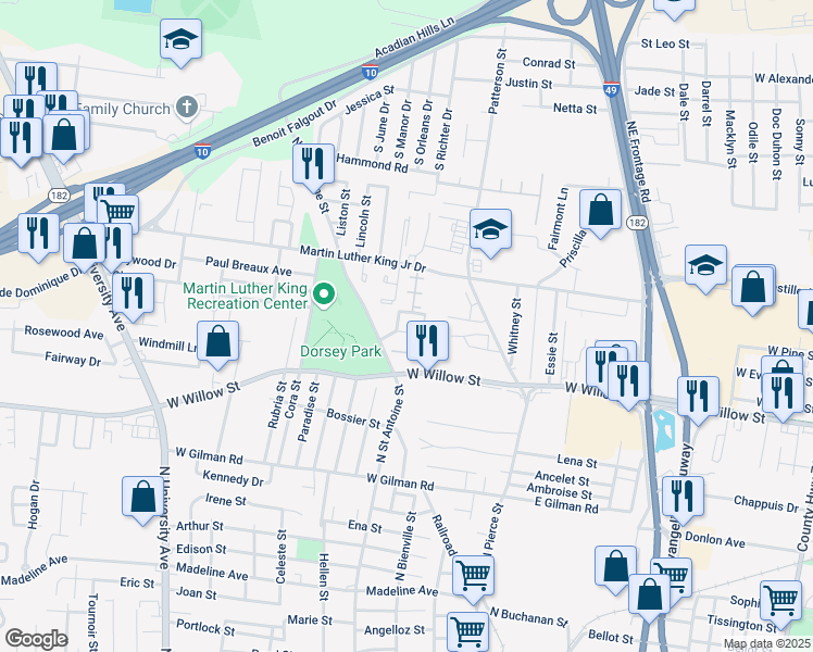 map of restaurants, bars, coffee shops, grocery stores, and more near 203 Peppermill Drive in Lafayette