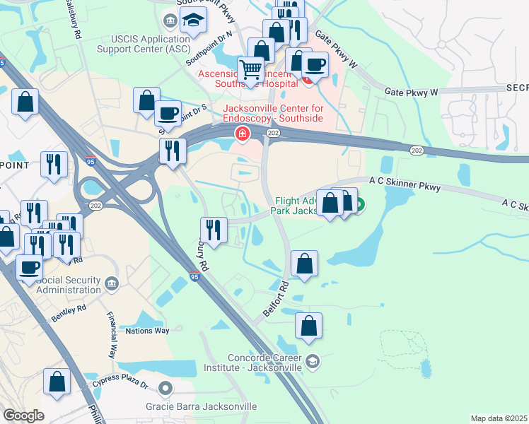 map of restaurants, bars, coffee shops, grocery stores, and more near 6981 A C Skinner Parkway in Jacksonville