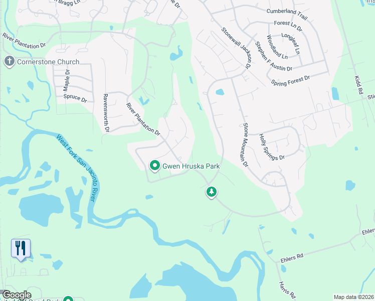 map of restaurants, bars, coffee shops, grocery stores, and more near 560 Roanoke Drive in Conroe