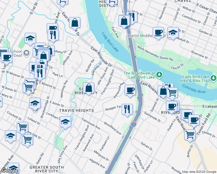 map of restaurants, bars, coffee shops, grocery stores, and more near 1307 Travis Heights Boulevard in Austin