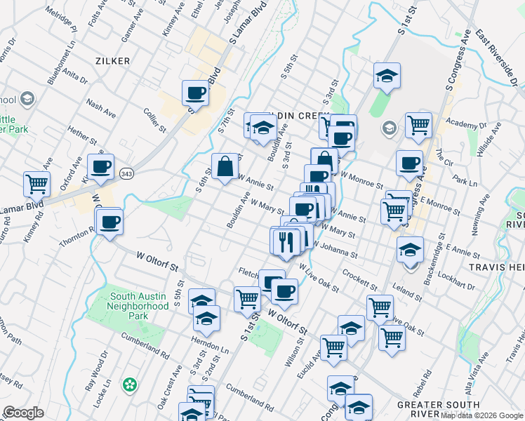 map of restaurants, bars, coffee shops, grocery stores, and more near 801 West Mary Street in Austin
