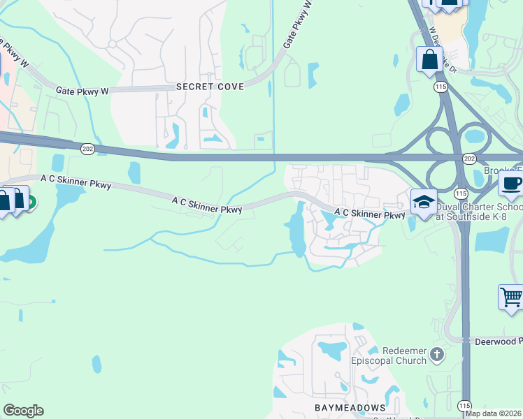 map of restaurants, bars, coffee shops, grocery stores, and more near 7200 A C Skinner Parkway in Jacksonville