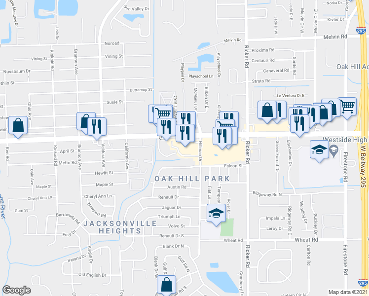 map of restaurants, bars, coffee shops, grocery stores, and more near in Jacksonville