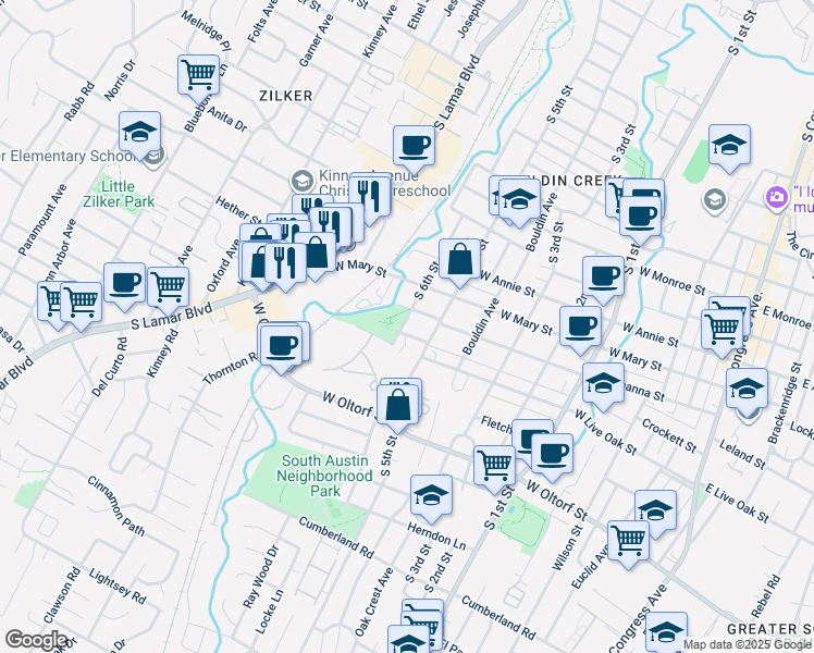 map of restaurants, bars, coffee shops, grocery stores, and more near 2011 South 6th Street in Austin