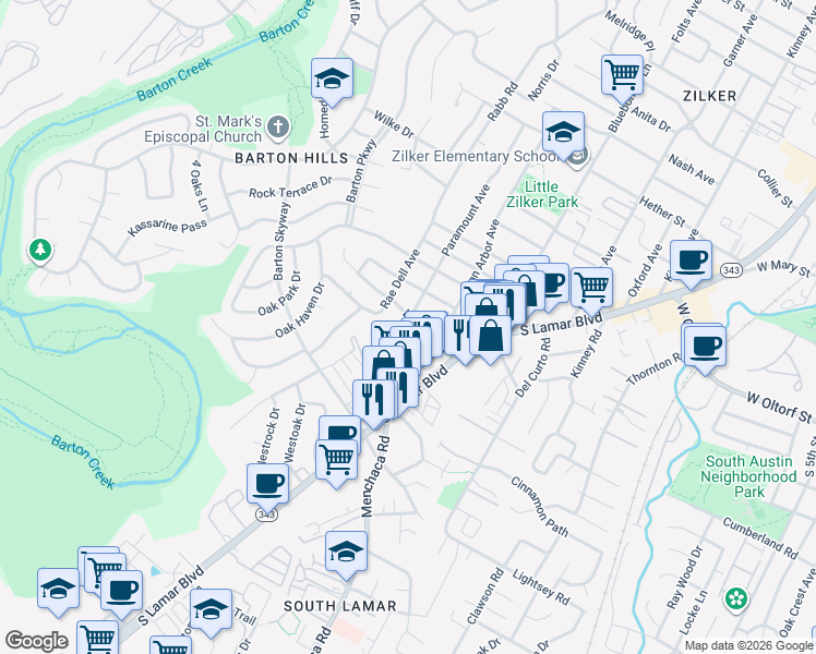 map of restaurants, bars, coffee shops, grocery stores, and more near 2113 La Casa Drive in Austin
