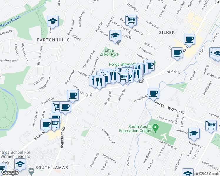 map of restaurants, bars, coffee shops, grocery stores, and more near South Lamar Boulevard & Del Curto Road in Austin