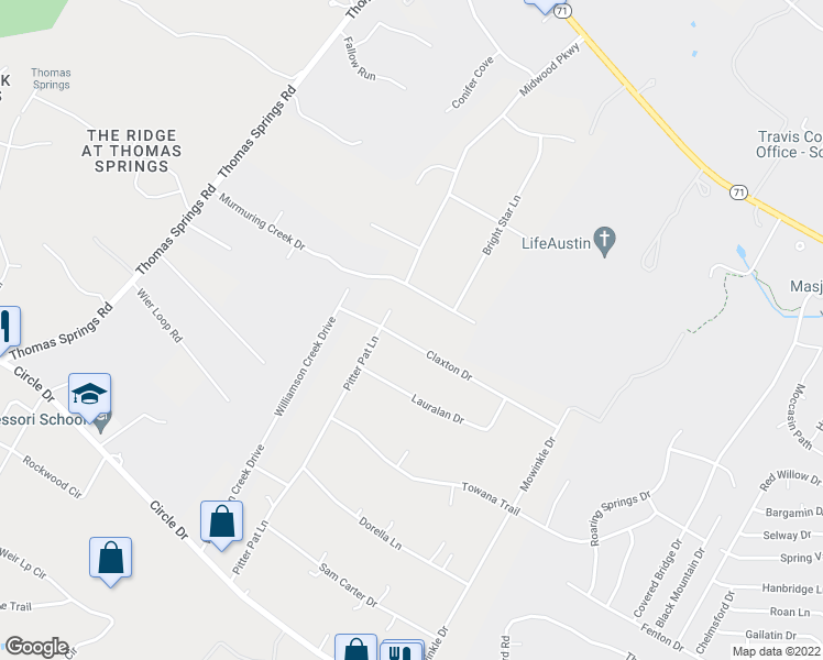 map of restaurants, bars, coffee shops, grocery stores, and more near 9500 Claxton Drive in Austin