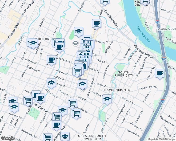 map of restaurants, bars, coffee shops, grocery stores, and more near 205 East Monroe Street in Austin