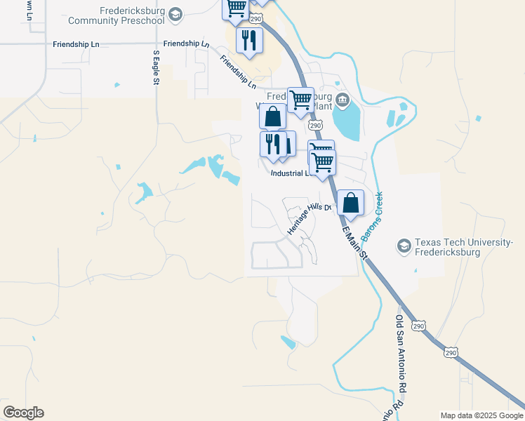 map of restaurants, bars, coffee shops, grocery stores, and more near 123 West Creekview Drive in Fredericksburg