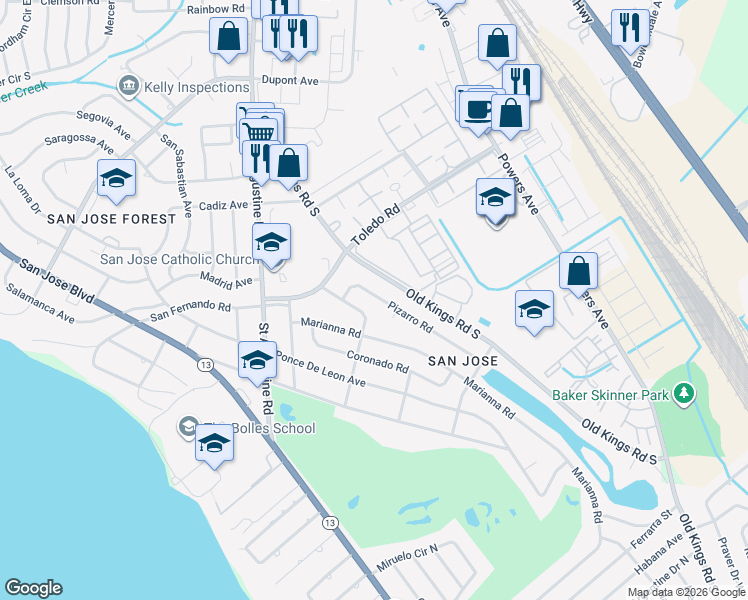 map of restaurants, bars, coffee shops, grocery stores, and more near 3666 Pizarro Road in Jacksonville