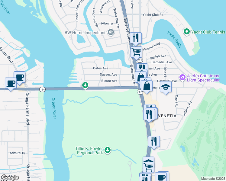 map of restaurants, bars, coffee shops, grocery stores, and more near 4654 Florida 134 in Jacksonville