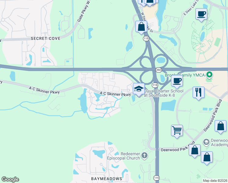 map of restaurants, bars, coffee shops, grocery stores, and more near 8649 A C Skinner Parkway in Jacksonville