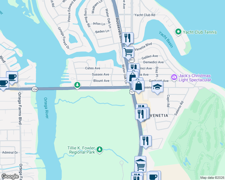 map of restaurants, bars, coffee shops, grocery stores, and more near 4604 Timuquana Road in Jacksonville