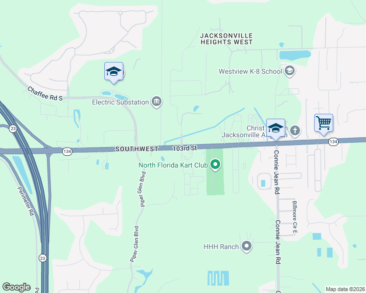 map of restaurants, bars, coffee shops, grocery stores, and more near 10338 103rd Street in Jacksonville