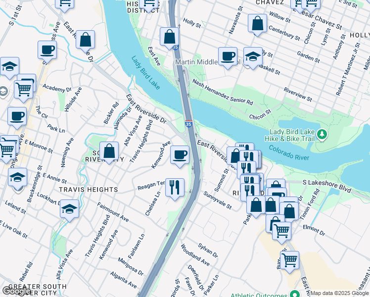map of restaurants, bars, coffee shops, grocery stores, and more near 5339 South Interstate 35 Frontage Road in Austin