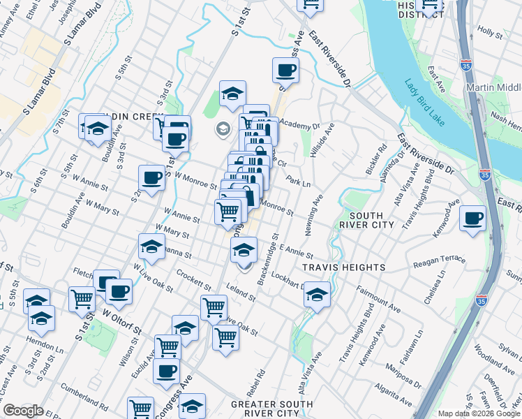 map of restaurants, bars, coffee shops, grocery stores, and more near 205 East Monroe Street in Austin