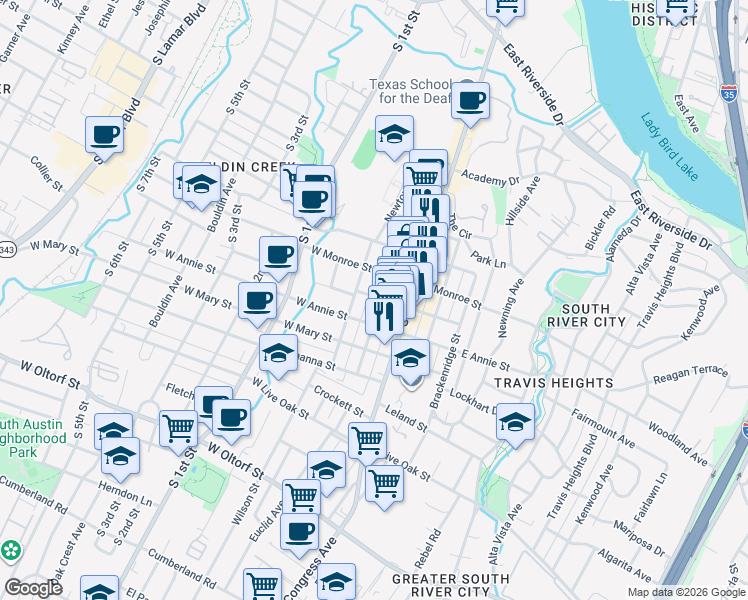 map of restaurants, bars, coffee shops, grocery stores, and more near 1610 Eva Street in Austin