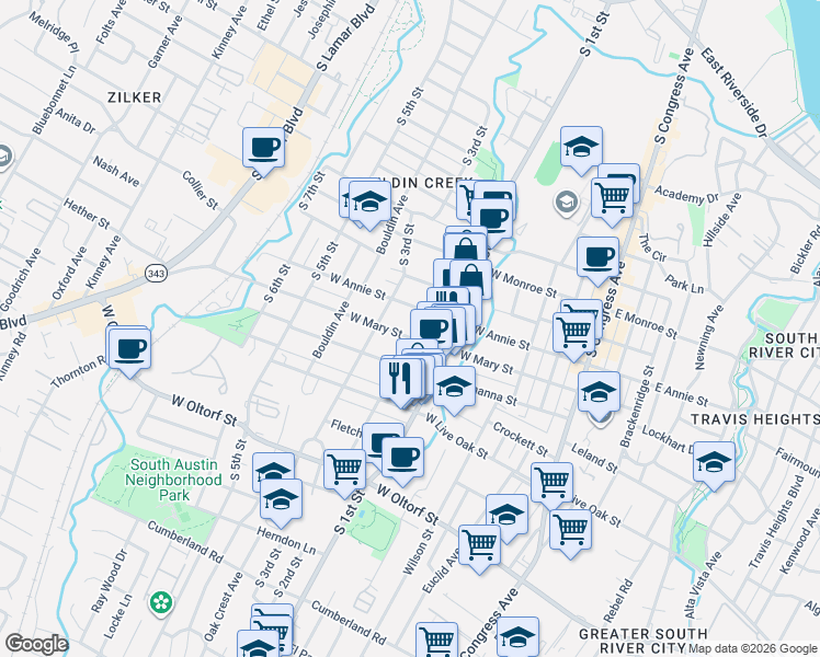 map of restaurants, bars, coffee shops, grocery stores, and more near 702 West Mary Street in Austin