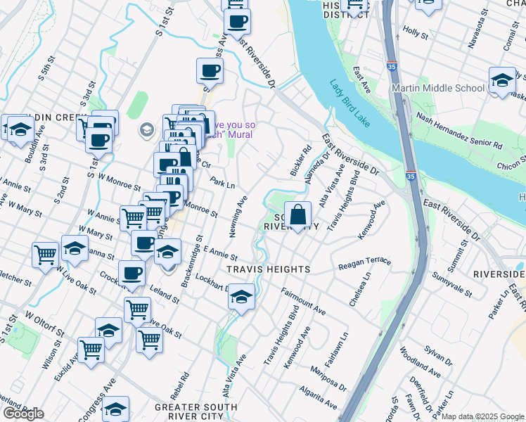 map of restaurants, bars, coffee shops, grocery stores, and more near 1500 East Side Drive in Austin