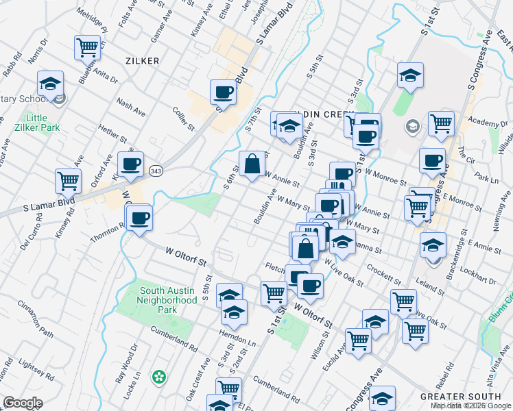 map of restaurants, bars, coffee shops, grocery stores, and more near 904 West Johanna Street in Austin