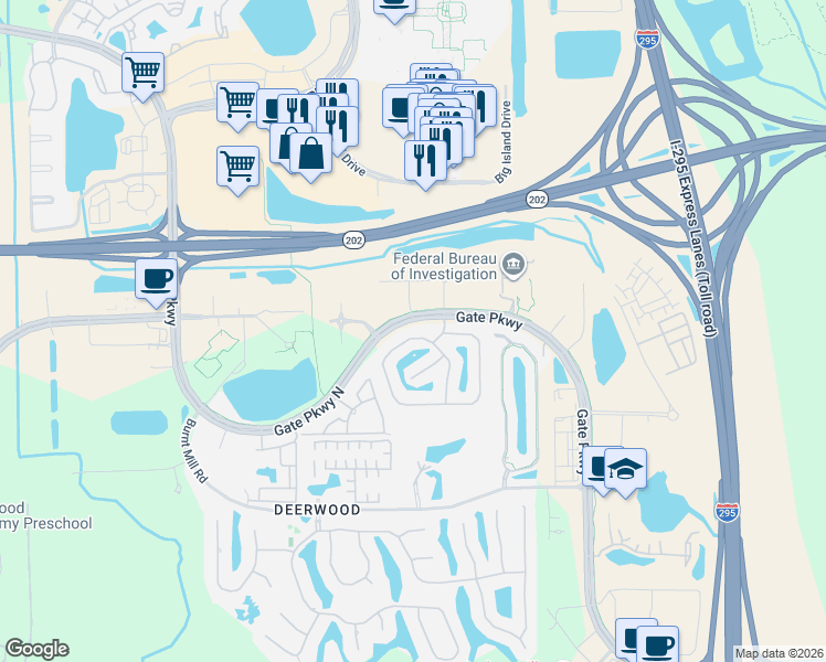 map of restaurants, bars, coffee shops, grocery stores, and more near 11251 Castlemain Circle North in Jacksonville