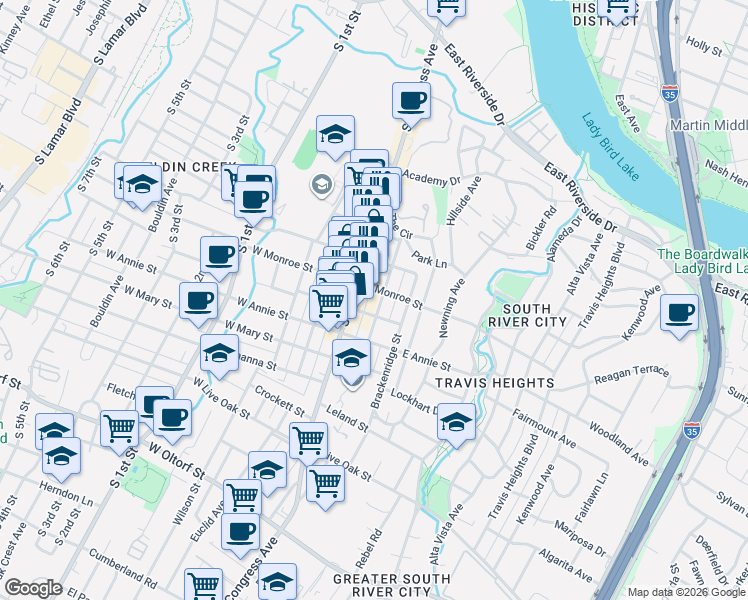map of restaurants, bars, coffee shops, grocery stores, and more near 205 East Monroe Street in Austin