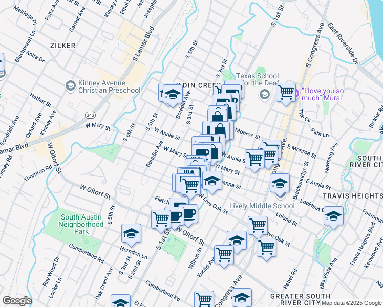 map of restaurants, bars, coffee shops, grocery stores, and more near 702 West Mary Street in Austin