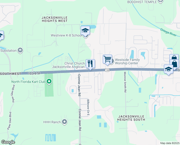 map of restaurants, bars, coffee shops, grocery stores, and more near 5407 Tellaro Lane in Jacksonville