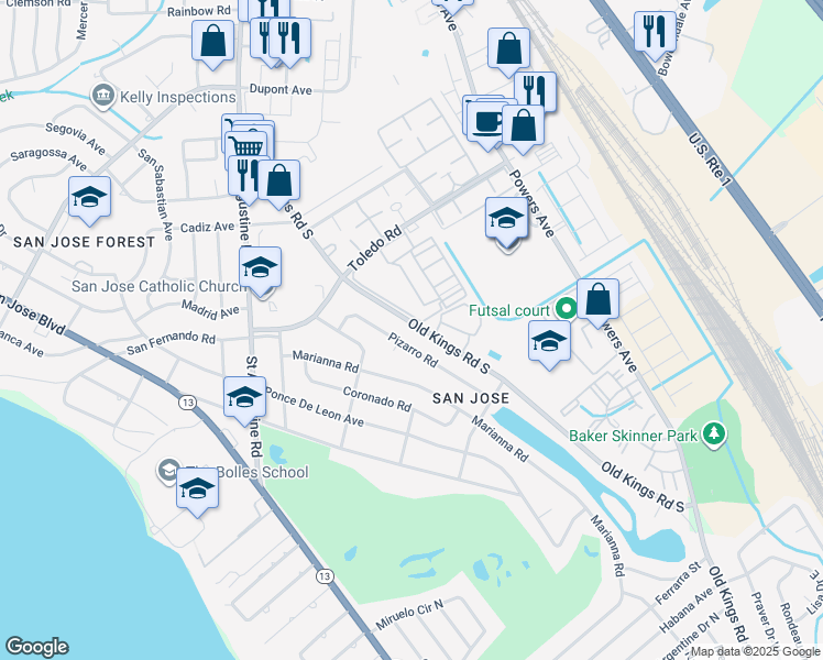 map of restaurants, bars, coffee shops, grocery stores, and more near 7228 Old Kings Road South in Jacksonville