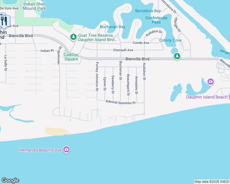 map of restaurants, bars, coffee shops, grocery stores, and more near 115 Dewberry St in Dauphin Island