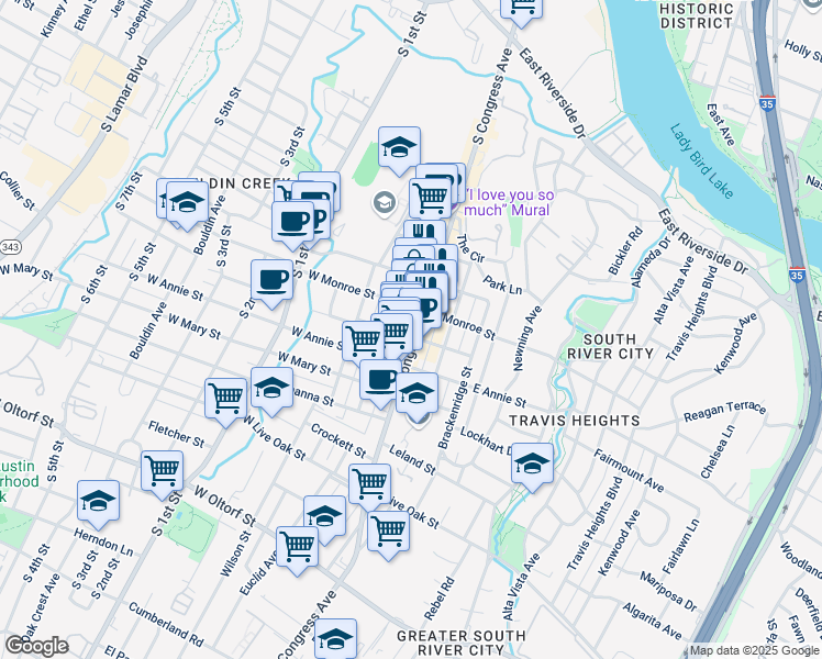 map of restaurants, bars, coffee shops, grocery stores, and more near 1603 South Congress Avenue in Austin