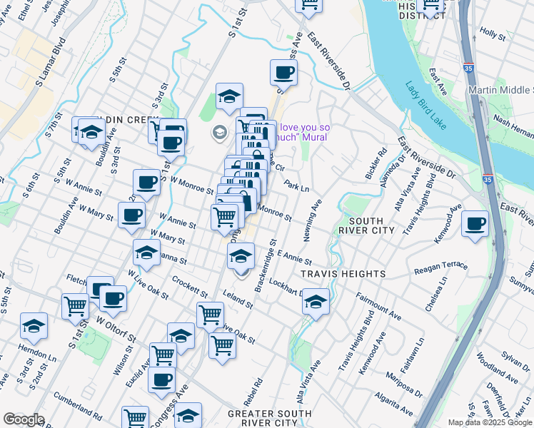 map of restaurants, bars, coffee shops, grocery stores, and more near 205 East Monroe Street in Austin