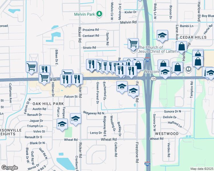 map of restaurants, bars, coffee shops, grocery stores, and more near 5436 Enchanted Drive in Jacksonville