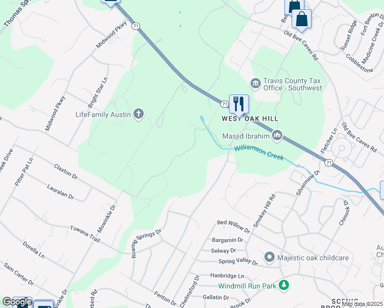 map of restaurants, bars, coffee shops, grocery stores, and more near 6804 Covered Bridge Drive in Austin