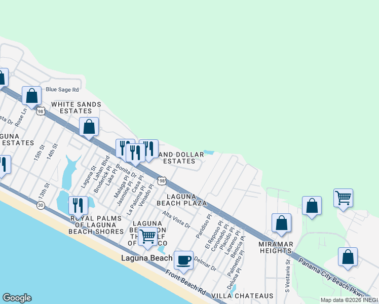 map of restaurants, bars, coffee shops, grocery stores, and more near 645 Malaga Place in Panama City Beach