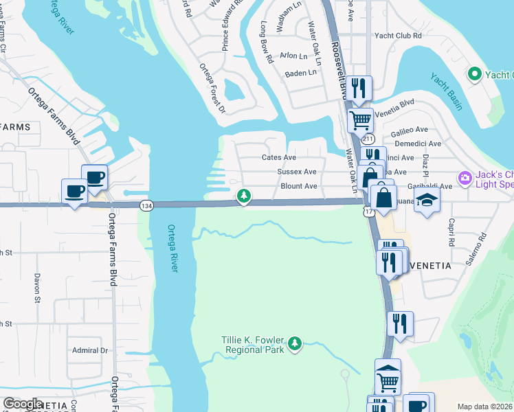map of restaurants, bars, coffee shops, grocery stores, and more near 4726 Timuquana Road in Jacksonville