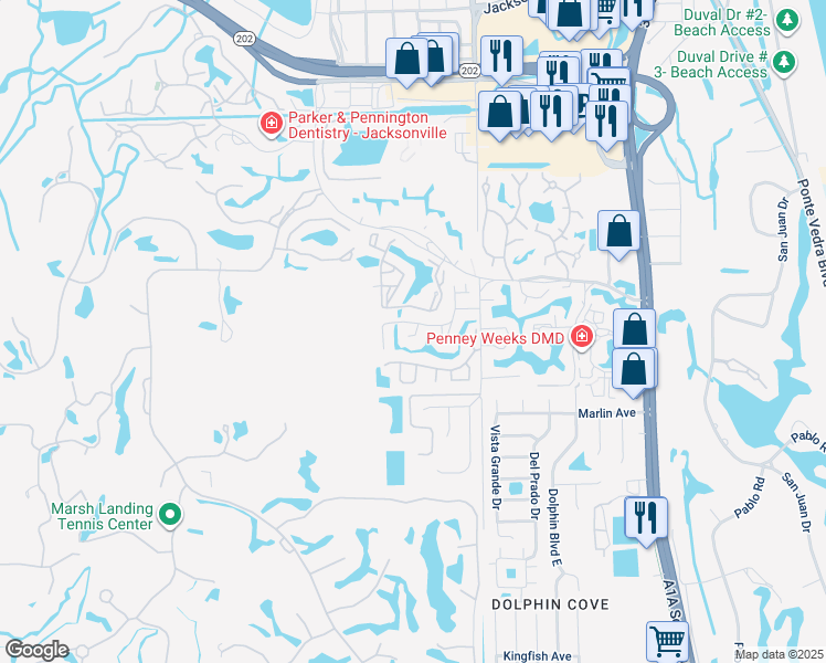 map of restaurants, bars, coffee shops, grocery stores, and more near 2101 Sandpiper Court in Ponte Vedra Beach