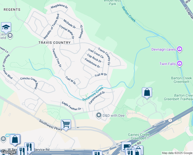 map of restaurants, bars, coffee shops, grocery stores, and more near 4603 Trail West Drive in Austin