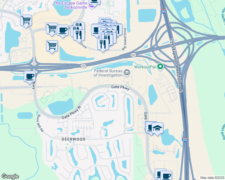 map of restaurants, bars, coffee shops, grocery stores, and more near 11005 Castlemain Circle East in Jacksonville