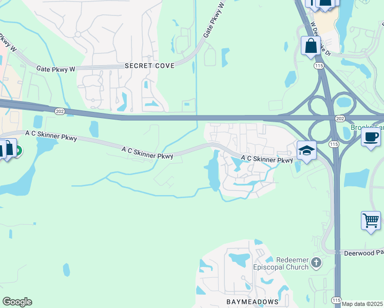 map of restaurants, bars, coffee shops, grocery stores, and more near 7200 A C Skinner Parkway in Jacksonville