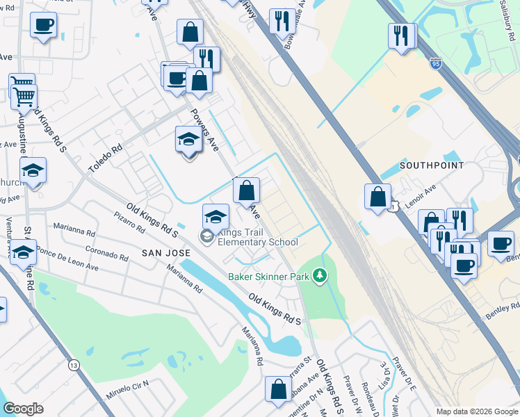 map of restaurants, bars, coffee shops, grocery stores, and more near 7200 Powers Avenue in Jacksonville