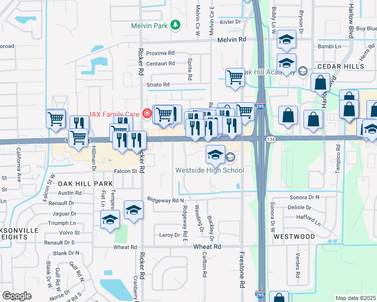 map of restaurants, bars, coffee shops, grocery stores, and more near 5436 Enchanted Drive in Jacksonville