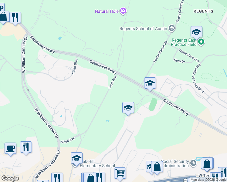 map of restaurants, bars, coffee shops, grocery stores, and more near 5101-5393 Vega Avenue in Austin