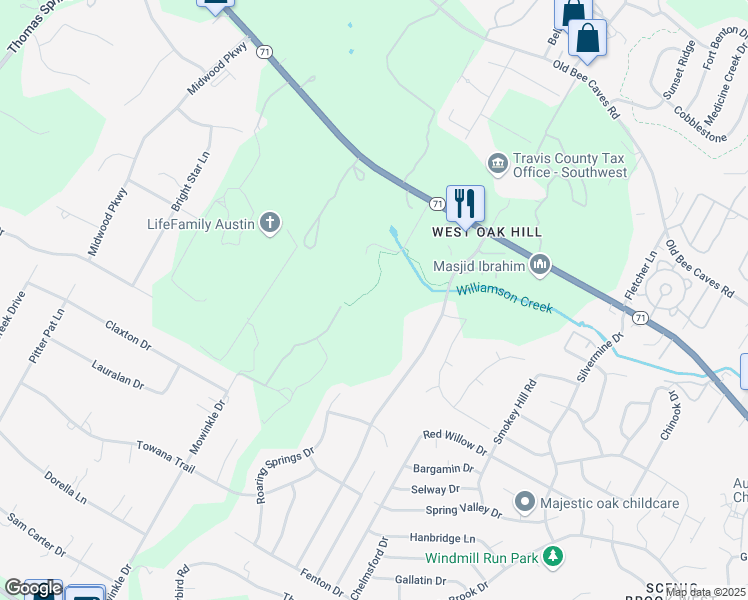 map of restaurants, bars, coffee shops, grocery stores, and more near 6804 Covered Bridge Drive in Austin